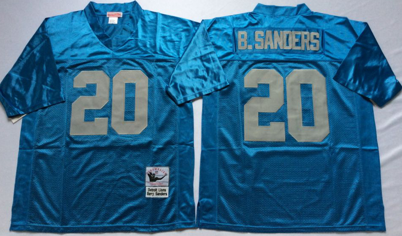 Lions 20 Barry Sanders Blue M&N Throwback Jersey
