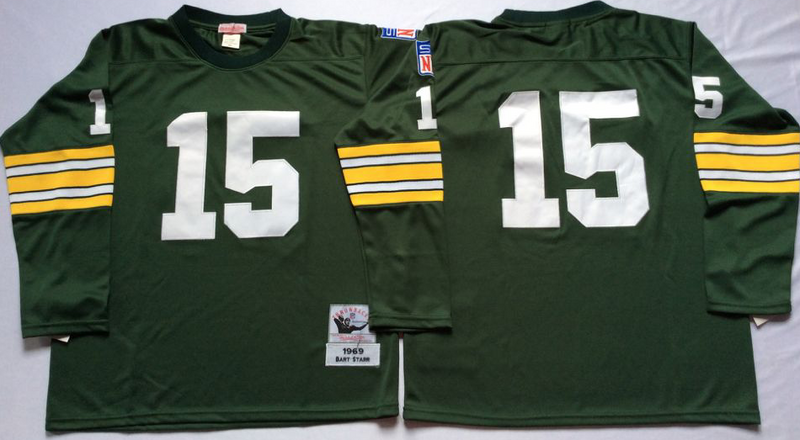 Packers 15 Bart Starr Green Long Sleeve M&N Throwback Jersey