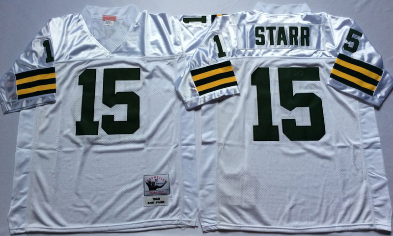 Packers 15 Bart Starr White M&N Throwback Jersey