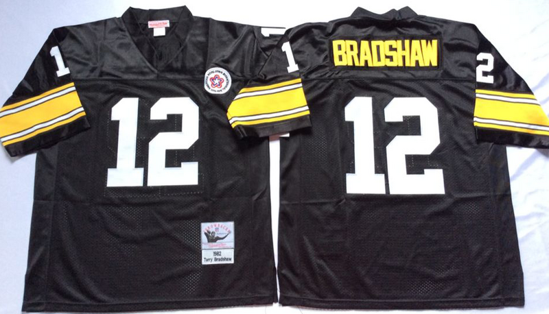 Steelers 12 Terry Bradshaw Black M&N Throwback Jersey