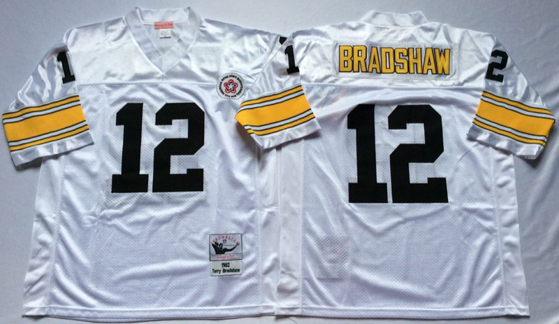 Steelers 12 Terry Bradshaw White M&N Throwback Jersey