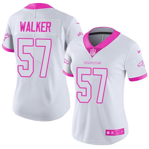 Nike Broncos 57 Demarcus Walker White Pink Women Rush Limited Jersey
