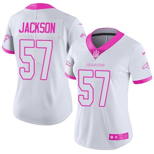 Nike Broncos 57 Tom Jackson White Pink Women Rush Limited Jersey