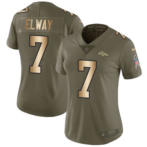 Nike Broncos 7 John Elway Olive Gold Women Salute To Service Limited Jersey
