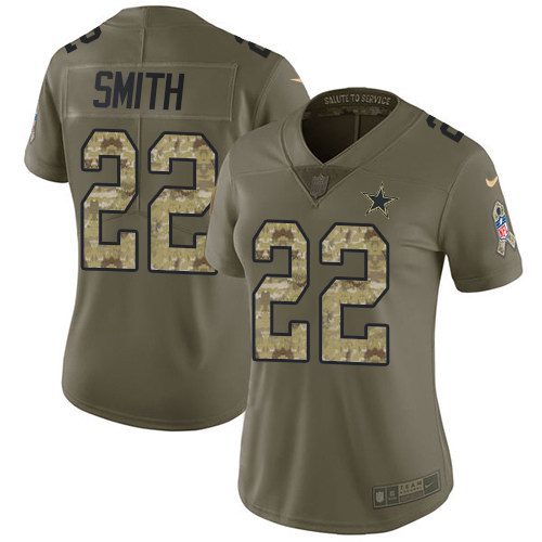 Nike Cowboys 22 Emmitt Smith Olive Camo Women Salute To Service Limited Jersey