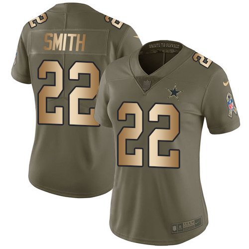 Nike Cowboys 22 Emmitt Smith Olive Gold Women Salute To Service Limited Jersey