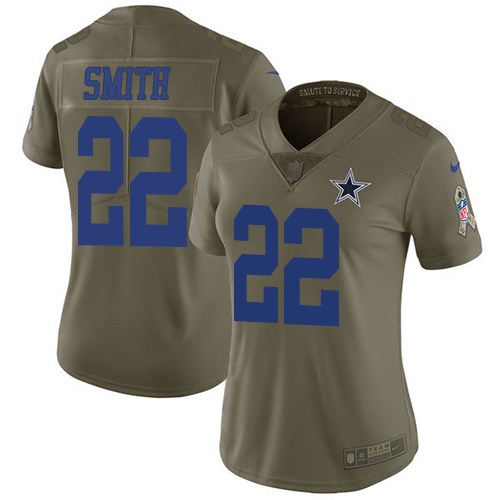 Nike Cowboys 22 Emmitt Smith Olive Women Salute To Service Limited Jersey
