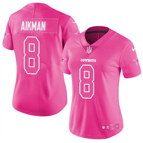 Nike Cowboys 8 Troy Aikman Pink Fashion Women Rush Limited Jersey