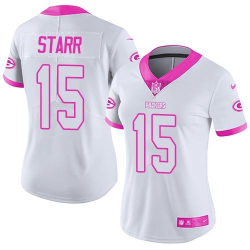 Nike Packers 15 Bart Starr White Pink Women Rush Limited Jersey