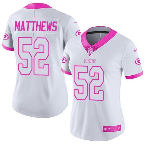 Nike Packers 52 Clay Matthews White Pink Women Rush Limited Jersey