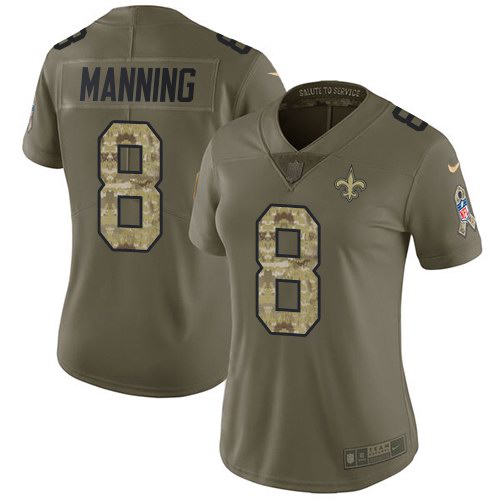Nike Saints 8 Archie Manning Olive Camo Women Salute To Service Limited Jersey