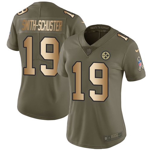 Nike Steelers 19 JuJu Smith Schuster Olive Gold Women Salute To Service Limited Jersey