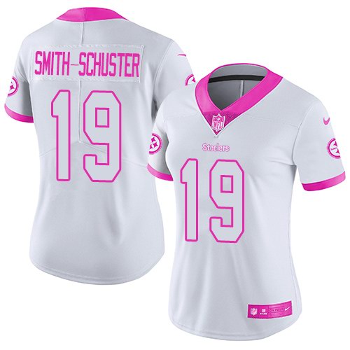 Nike Steelers 19 JuJu Smith Schuster White Pink Women Rush Limited Jersey