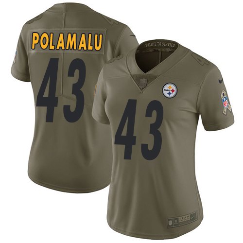 Nike Steelers 43 Troy Polamalu Olive Women Salute To Service Limited Jersey