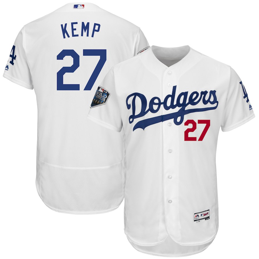 Dodgers 27 Matt Kemp White 2018 World Series Flexbase Player Jersey - Click Image to Close