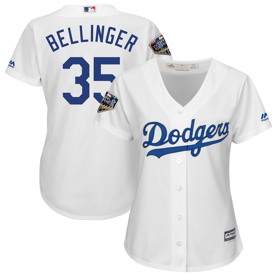 Dodgers 35 Cody Bellinger White Women 2018 World Series Cool Base Player Jersey - Click Image to Close
