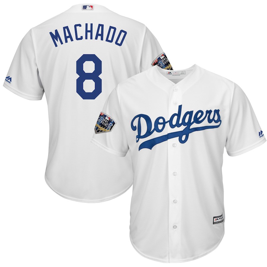 Dodgers 8 Manny Machado White 2018 World Series Cool Base Player Jersey - Click Image to Close