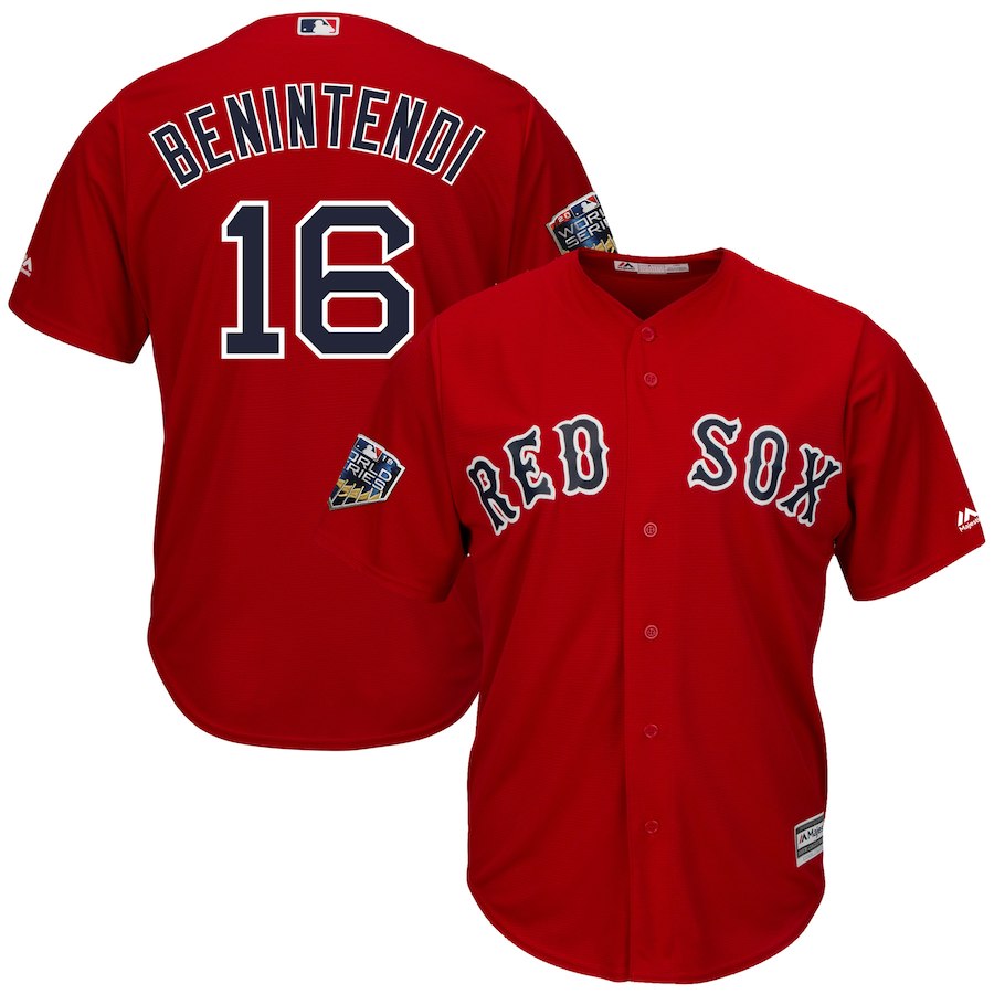 Red Sox 16 Andrew Benintendi Scarlet 2018 World Series Cool Base Player Jersey - Click Image to Close