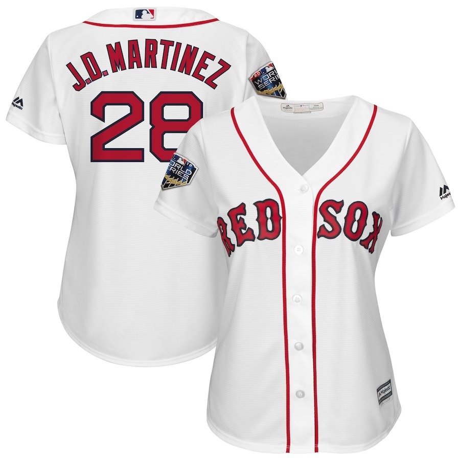 Red Sox 28 J.D. Martinez White Women 2018 World Series Cool Base Player Jersey - Click Image to Close