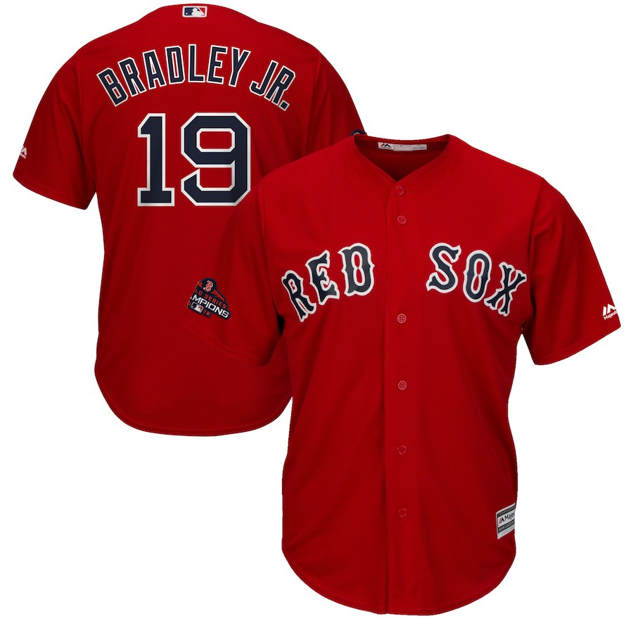 Red Sox 19 Jackie Bradley Jr. Scarlet 2018 World Series Champions Team Logo Player Jersey