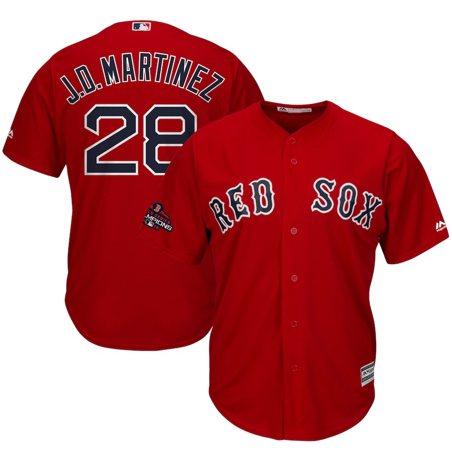 Red Sox 28 J.D. Martinez Scarlet 2018 World Series Champions Team Logo Player Jersey - Click Image to Close