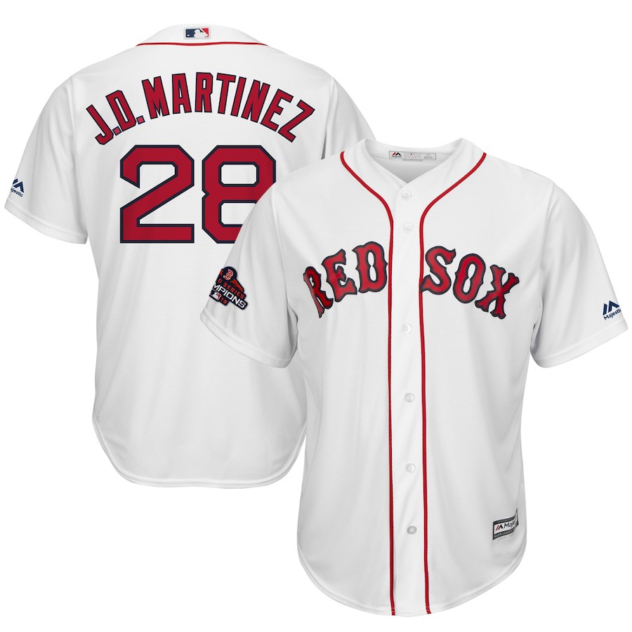 Red Sox 28 J.D. Martinez White 2018 World Series Champions Team Logo Player Jersey