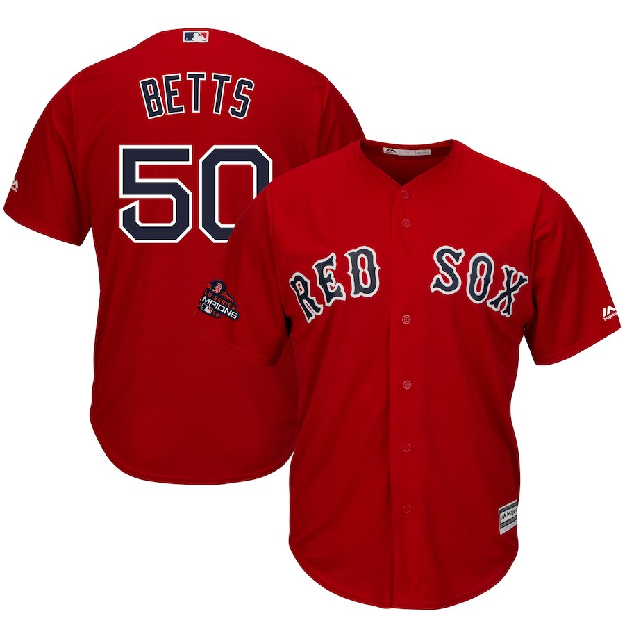 Red Sox 50 Mookie Betts Scarlet 2018 World Series Champions Team Logo Player Jersey