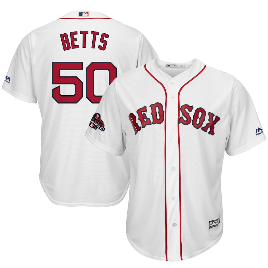 Red Sox 50 Mookie Betts White 2018 World Series Champions Team Logo Player Jersey