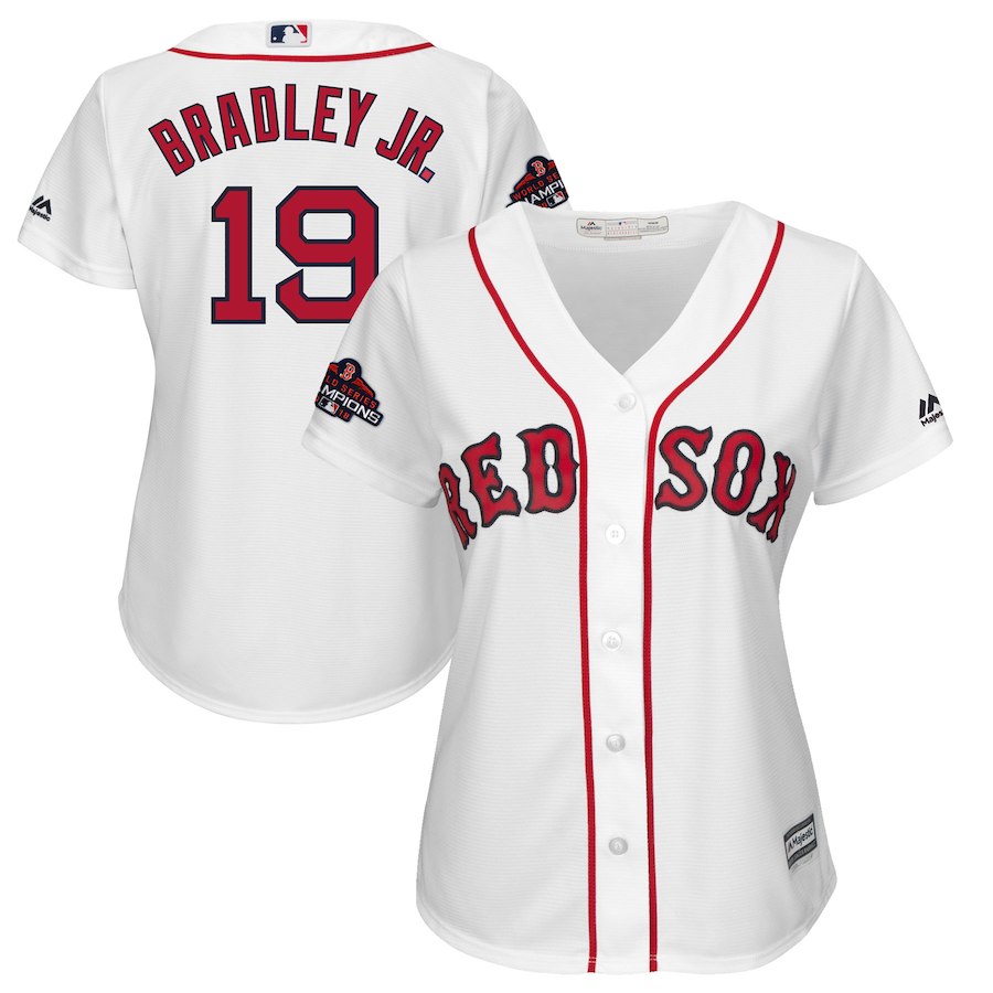 Red Sox 19 Jackie Bradley Jr. White Women 2018 World Series Champions Team Logo Player Jersey