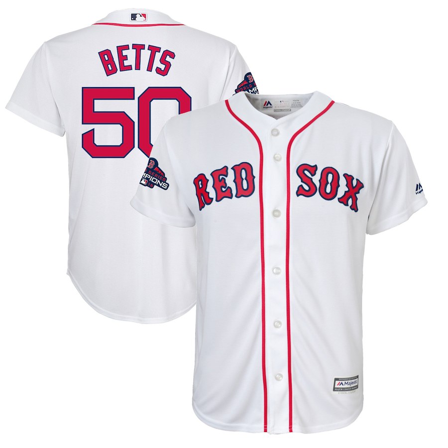 Red Sox 50 Mookie Betts White Youth 2018 World Series Champions Team Logo Player Jersey