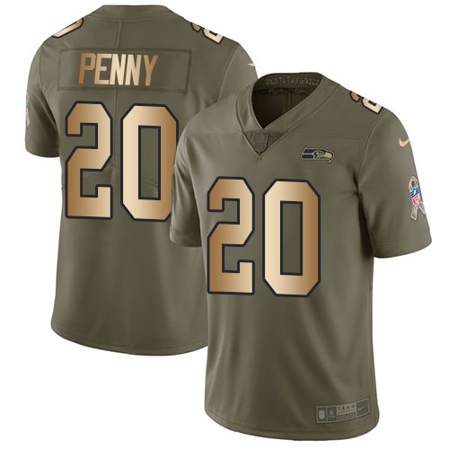 Nike Seahawks 20 Rashaad Penny Olive Gold Salute To Service Limited Jersey