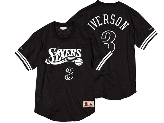 76ers 3 Allen Iverson Black Short Sleeve Mitchell & Ness Jersey - Click Image to Close