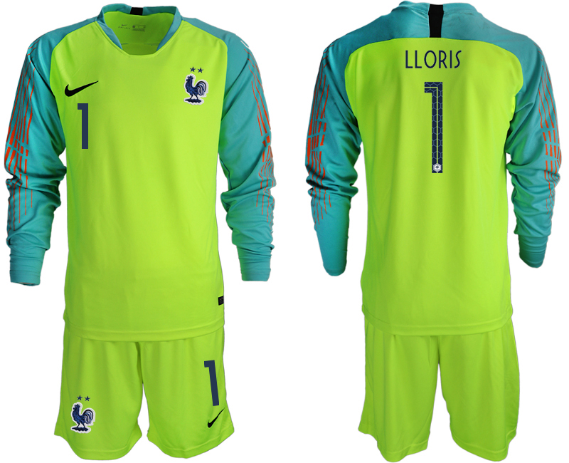 France 1 LLORIS 2-Star Fluorescent Green Long Sleeve 2018 FIFA World Cup Goalkeeper Soccer Jersey