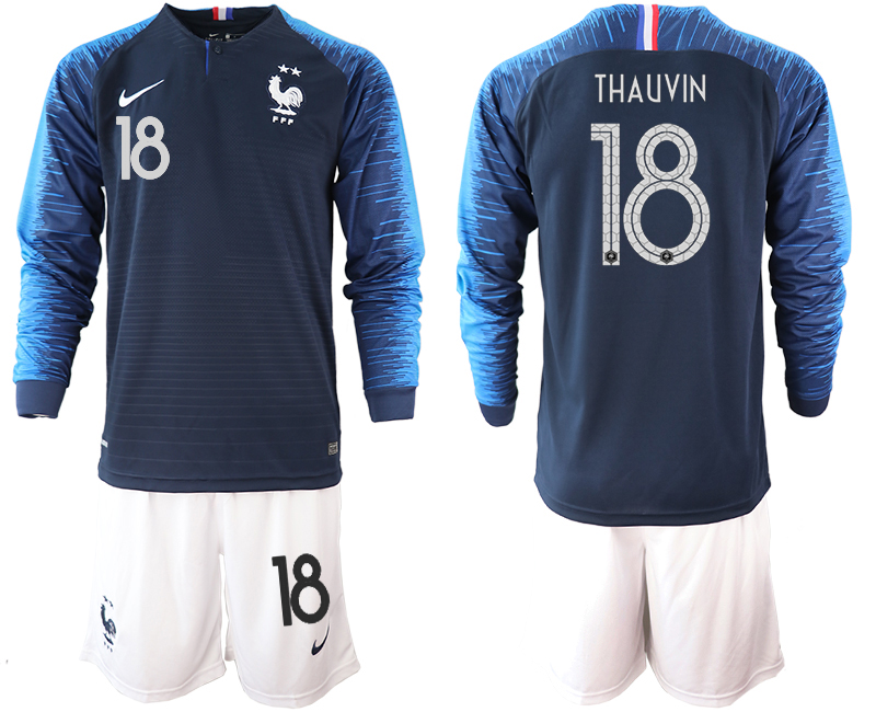 France 18 THAUVIN 2-Star Home Long Sleeve 2018 FIFA World Cup Soccer Jersey