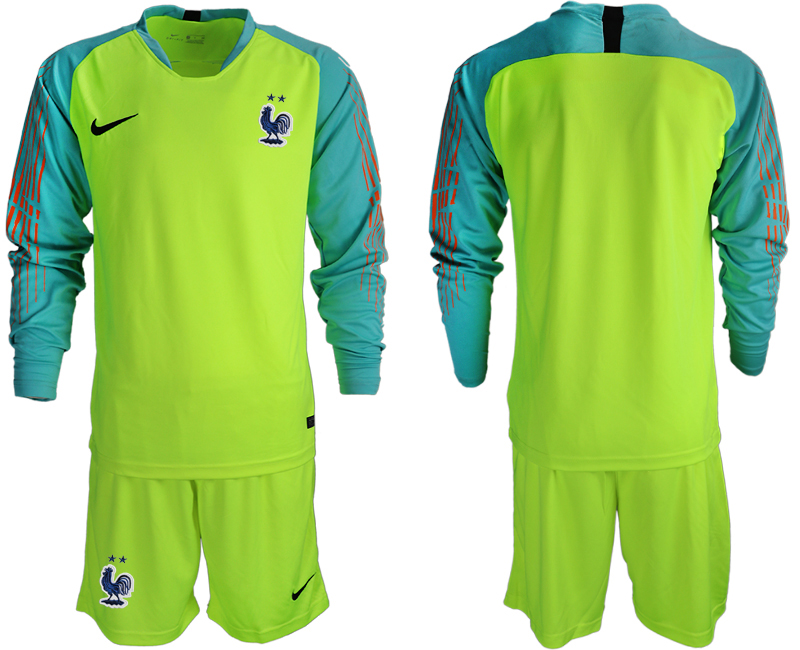 France 2-Star Fluorescent Green Long Sleeve 2018 FIFA World Cup Goalkeeper Soccer Jersey