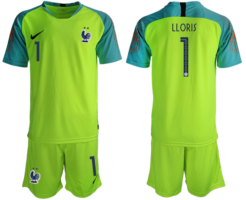 France 1 LLORIS 2-Star Fluorescent Green 2018 FIFA World Cup Goalkeeper Soccer Jersey