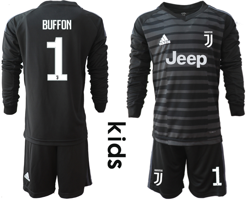2018-19 Juventus 1 BUFFON Black Youth Long Sleeve Goalkeeper Soccer Jersey