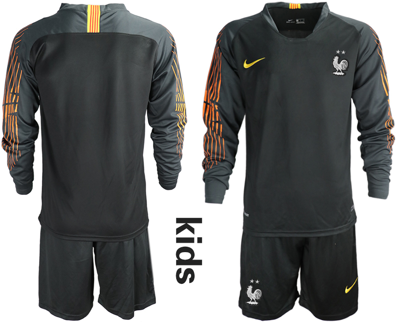 France 2-Star Black Youth Long Sleeve 2018 FIFA World Cup Goalkeeper Soccer Jersey - Click Image to Close