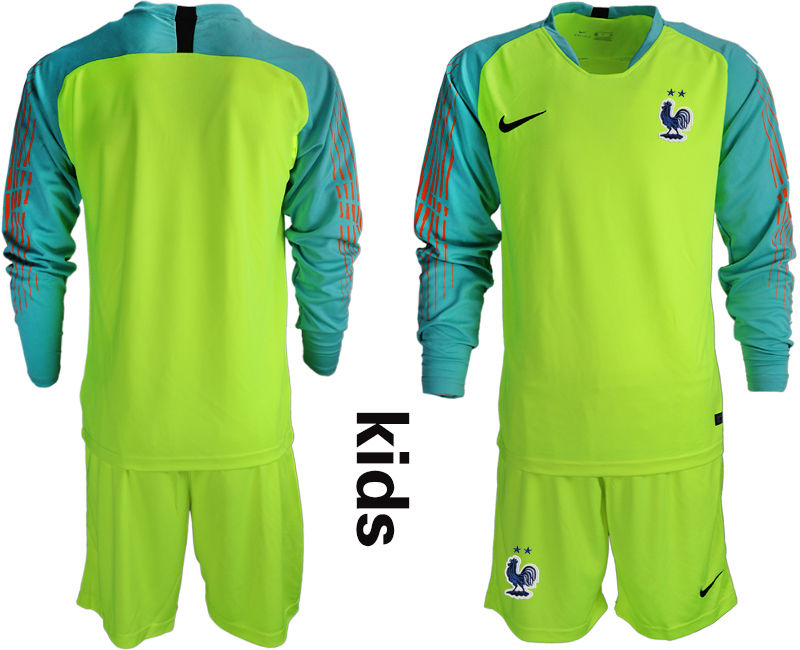 France 2-Star Fluorescent Green Youth Long Sleeve 2018 FIFA World Cup Goalkeeper Soccer Jersey