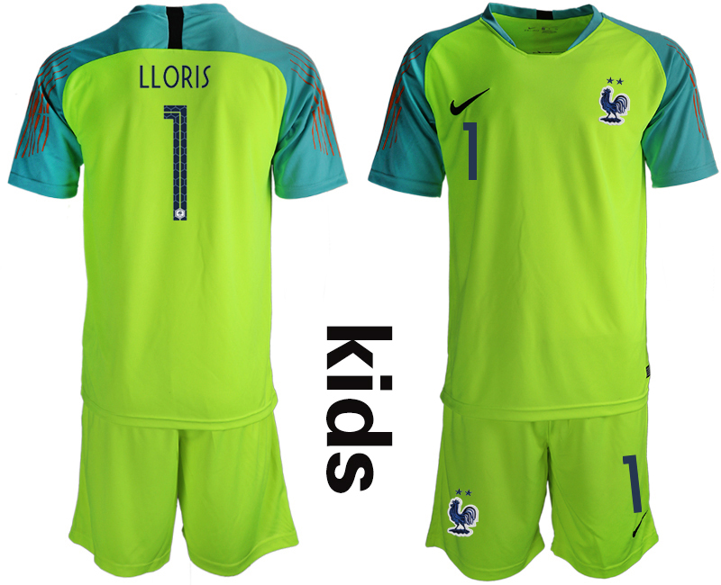 France 1 LLORIS 2-Star Fluorescent Green Youth 2018 FIFA World Cup Goalkeeper Soccer Jersey