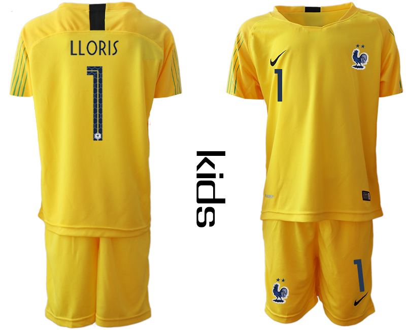 France 1 LLORIS Yellow 2-Star Youth 2018 FIFA World Cup Goalkeeper Soccer Jersey