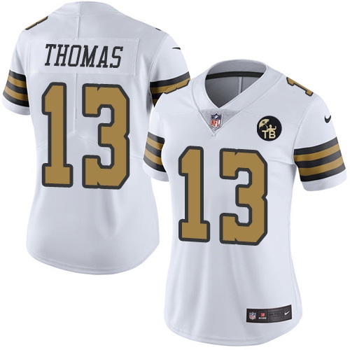 Nike Saints 13 Michael Thomas White Women With Tom Benson Patch Color Rush Limited Jersey
