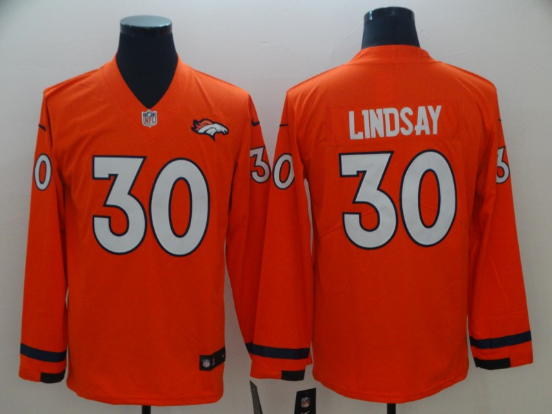 Nike Broncos 30 Phillip Lindsay Orange Therma Long Sleeve Jersey