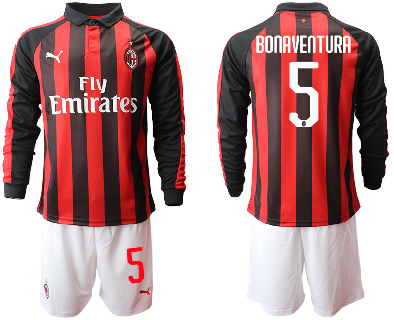 2018-19 AC Milan 5 BONAVENTURA Home Long Sleeve Soccer Jersey