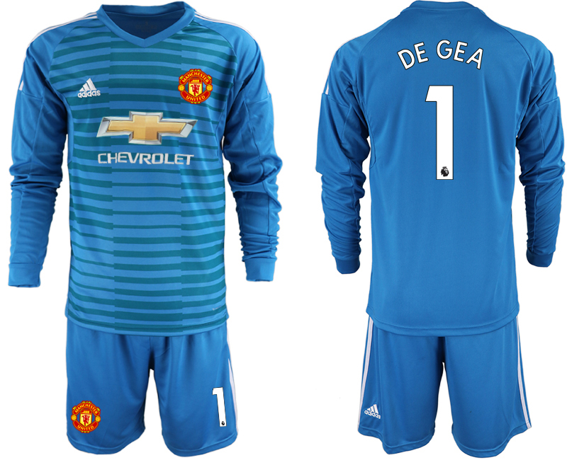 2018-19 Manchester United 1 DE GEA Blue Long Sleeve Goalkeeper Soccer Jersey - Click Image to Close