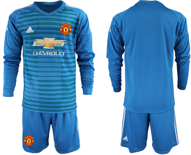 2018-19 Manchester United Blue Long Sleeve Goalkeeper Soccer Jersey - Click Image to Close