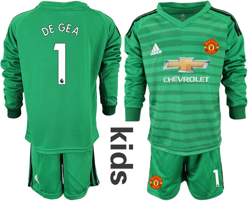 2018-19 Manchester United 1 DE GEA Green Youth Long Sleeve Goalkeeper Soccer Jersey - Click Image to Close