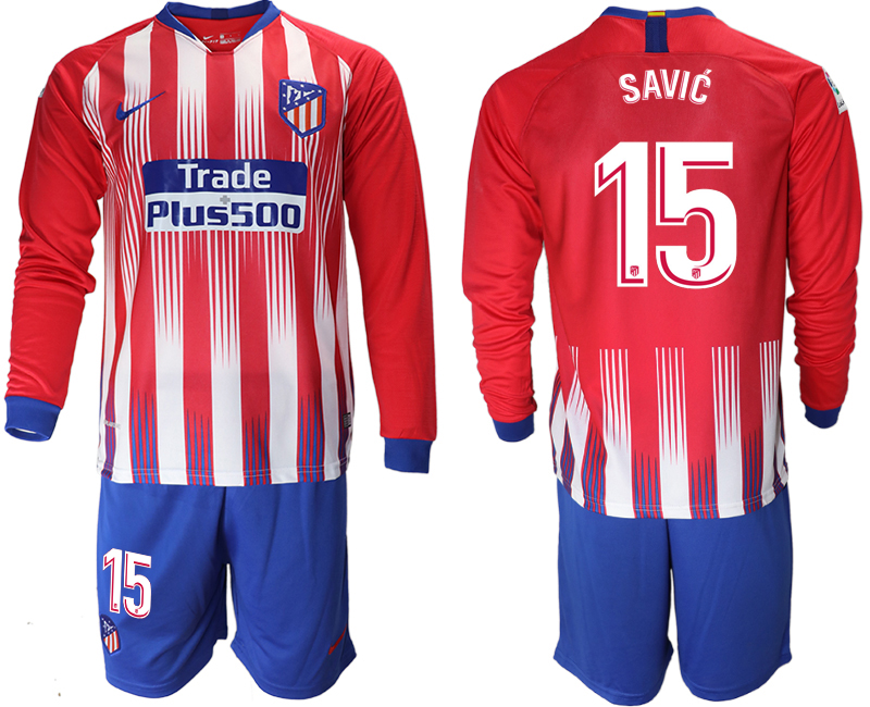 2018-19 Atletico Madrid 15 SAVIC Home Long Sleeve Soccer Jersey