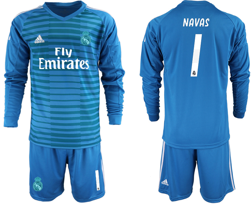 2018-19 Real Madrid 1 NAVAS Blue Long Sleeve Goalkeeper Soccer Jersey - Click Image to Close