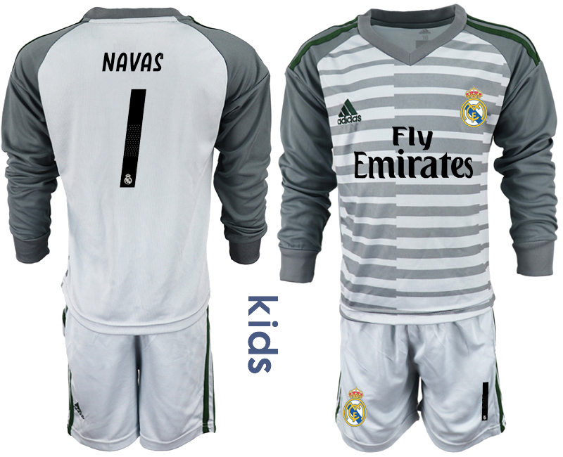 2018-19 Real Madrid 1 NAVAS Gray Youth Long Sleeve Goalkeeper Soccer Jersey